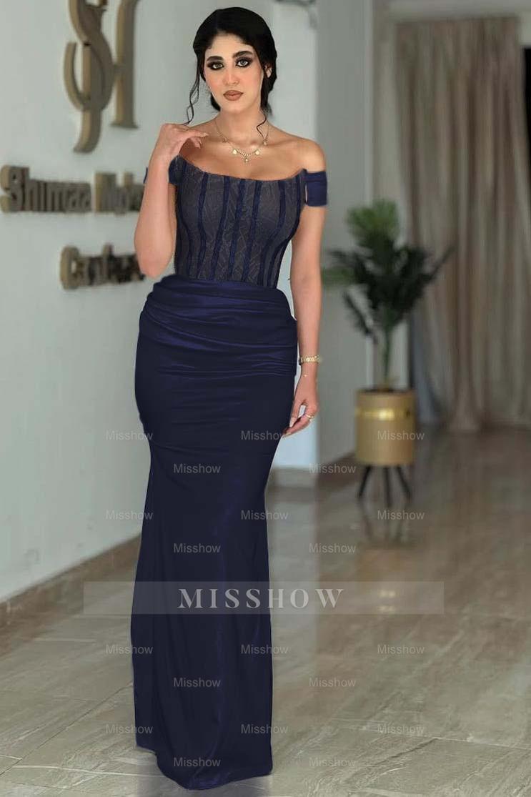 White Off-the-Shoulder Sleeveless Beaded Lace Corset Mermaid Satin Formal Evening Gown