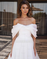 White Off the Shoulder Strapless Sleeveless A Line Formal Dress With High Split