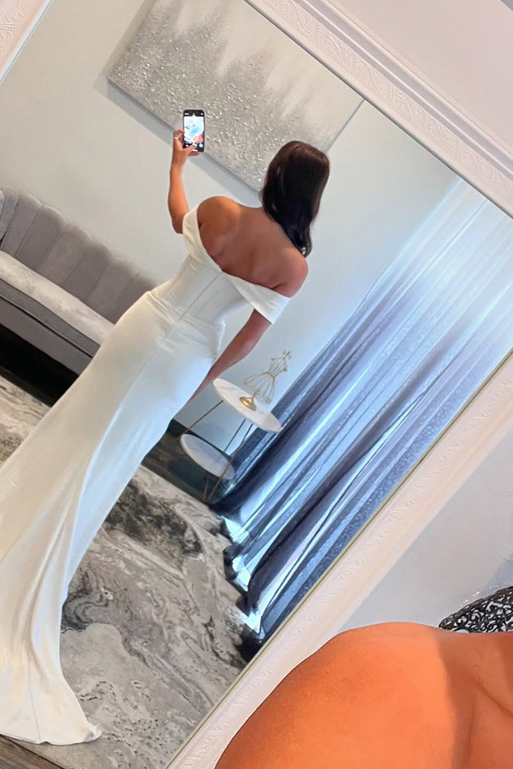 White Off-the-Shoulder Sweetheart Rhinestone Beading Ruching Satin Mermaid Prom Dress Side Slit Floor Length