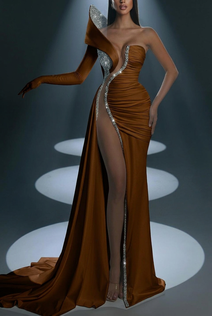 Chocolate one shoulder beaded mermaid evening dress