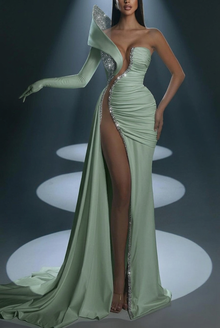 Dusty sage one shoulder beaded mermaid evening dress