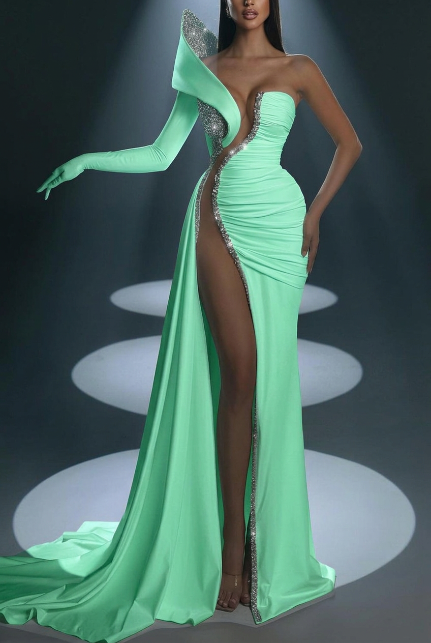 Mint green one shoulder beaded mermaid evening dress