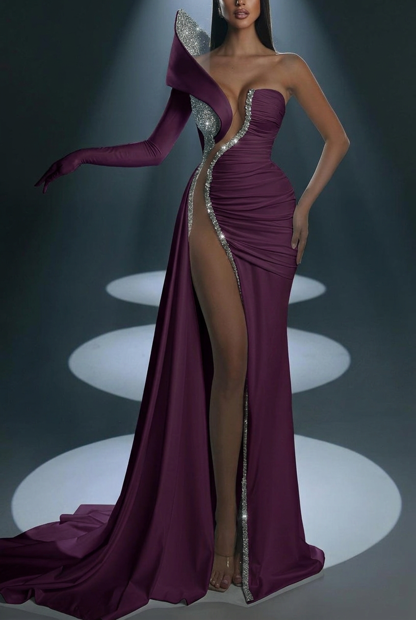 Grape one shoulder beaded mermaid evening dress