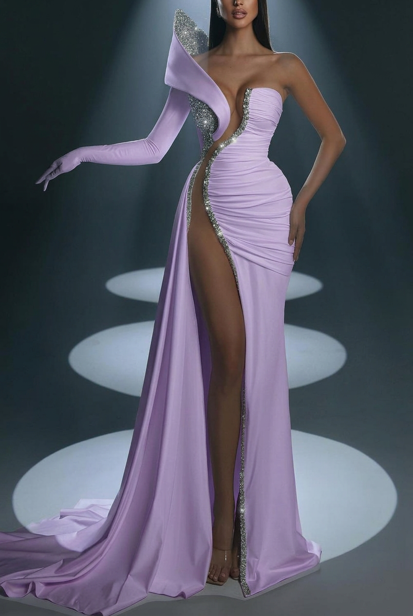 Lavender one shoulder beaded mermaid evening dress