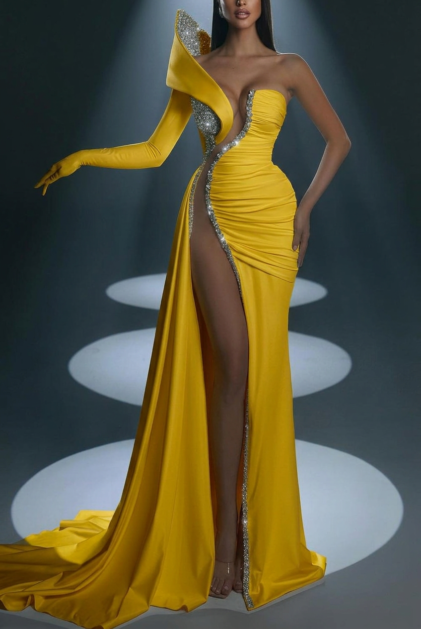 Yellow one shoulder beaded mermaid evening dress