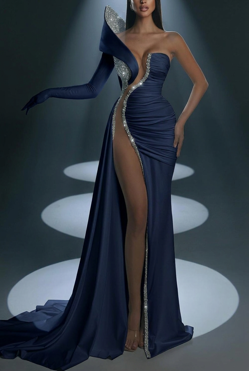 Dark navy one shoulder beaded mermaid evening dress