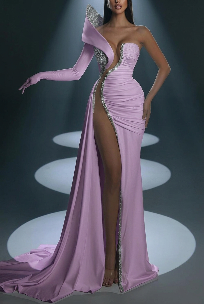 Lilac one shoulder beaded mermaid evening dress