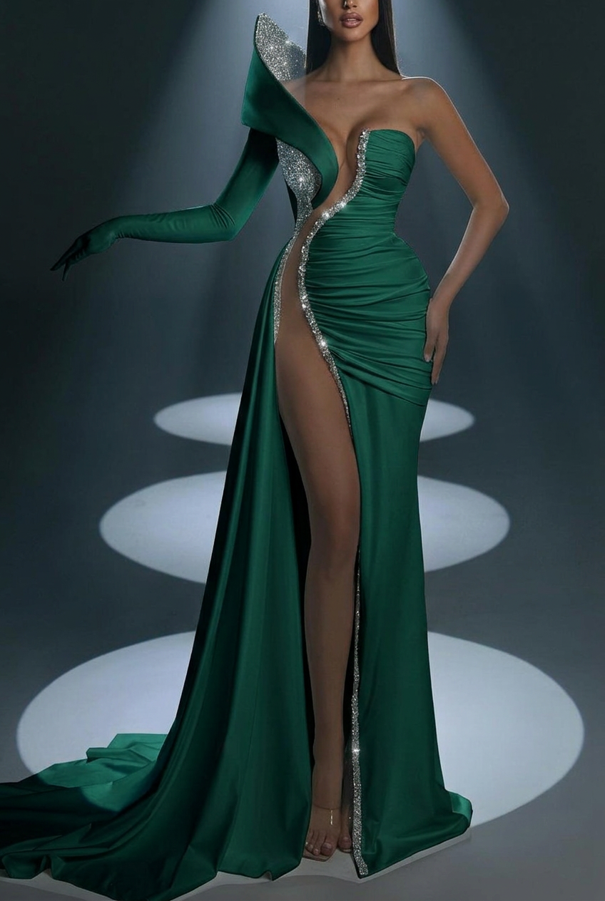 Dark green one shoulder beaded mermaid evening dress