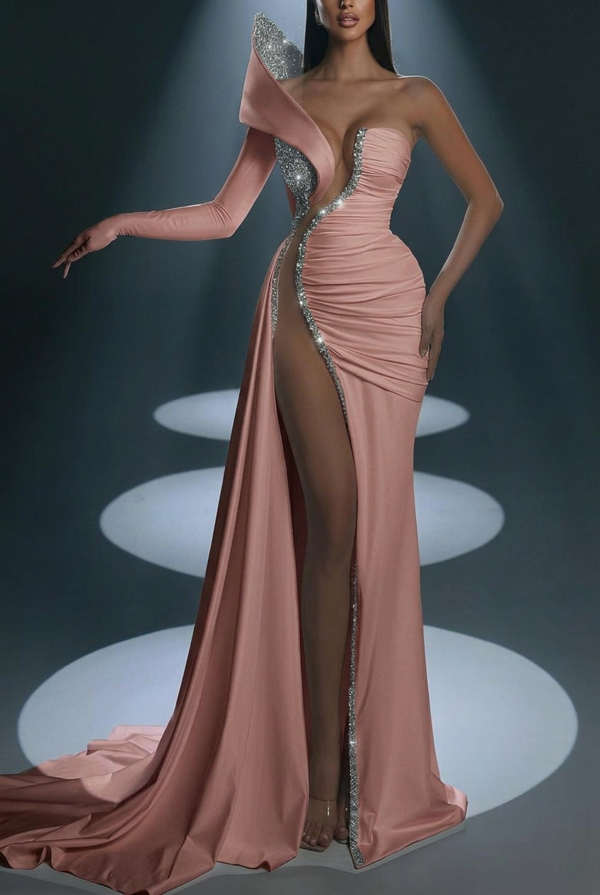 Dusty rose one shoulder beaded mermaid evening dress
