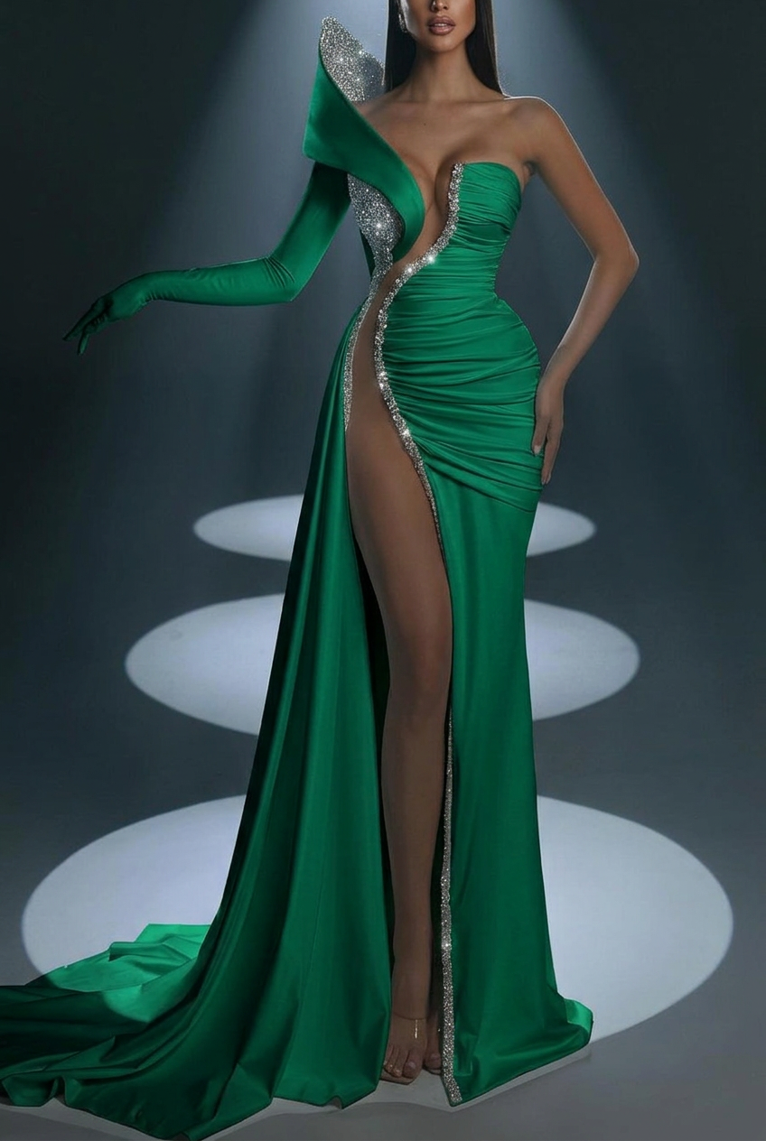 Emerald green one shoulder beaded mermaid evening dress