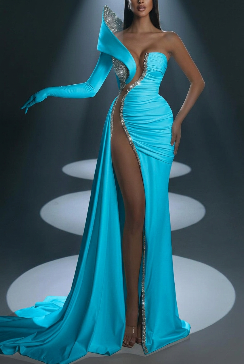 Turquoise one shoulder beaded mermaid evening dress