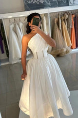White One Shoulder Ruched Corset Cocktail Dress Crystal Waist A-Line Tea Length Party Gown