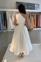 White One Shoulder Ruched Corset Cocktail Dress Crystal Waist A-Line Tea Length Party Gown