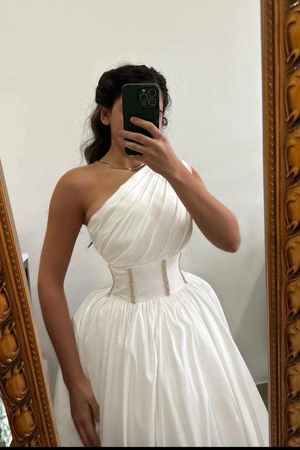 White One Shoulder Ruched Corset Cocktail Dress Crystal Waist A-Line Tea Length Party Gown