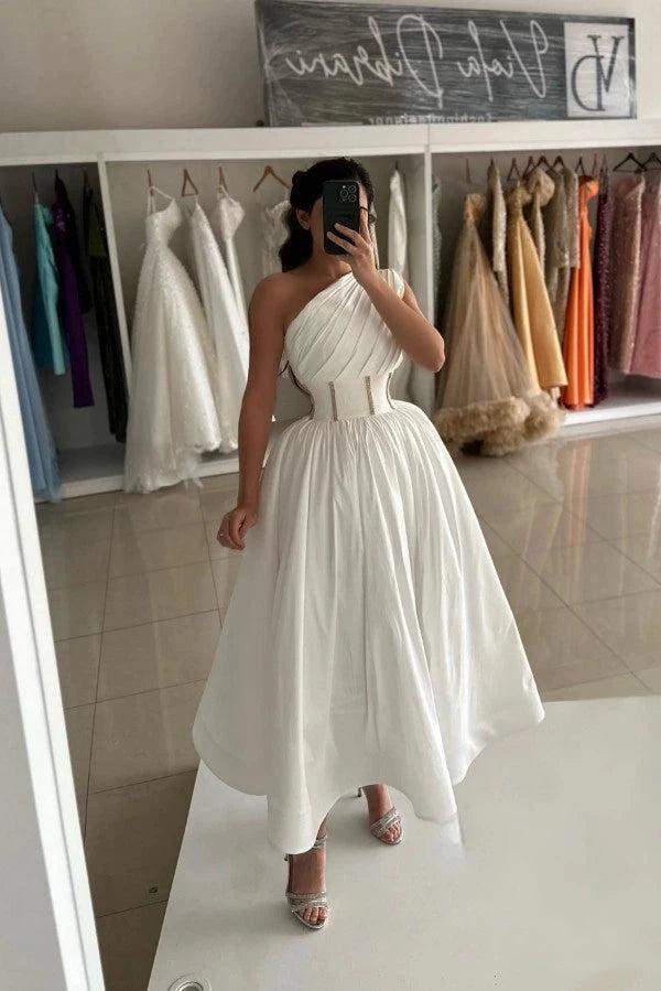 White One Shoulder Ruched Corset Cocktail Dress Crystal Waist A-Line Tea Length Party Gown