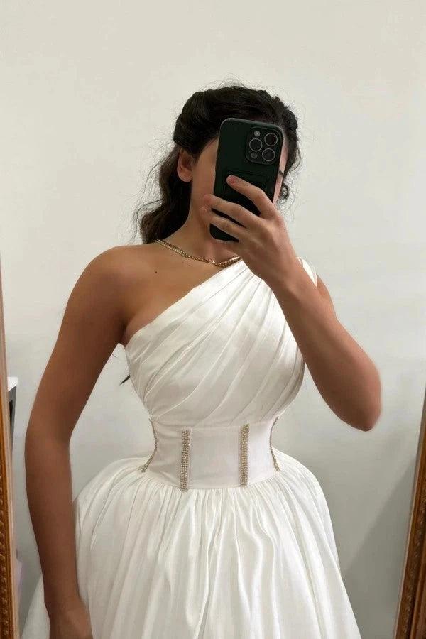 White One Shoulder Ruched Corset Cocktail Dress Crystal Waist A-Line Tea Length Party Gown
