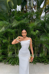 White One Shoulder Sleeveless Beaded Mermaid Satin Floor Length Formal Evening Dress