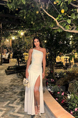 White One Shoulder Sleeveless Ruched Slit Satin Fit and Flare Floor Formal Evening Gown