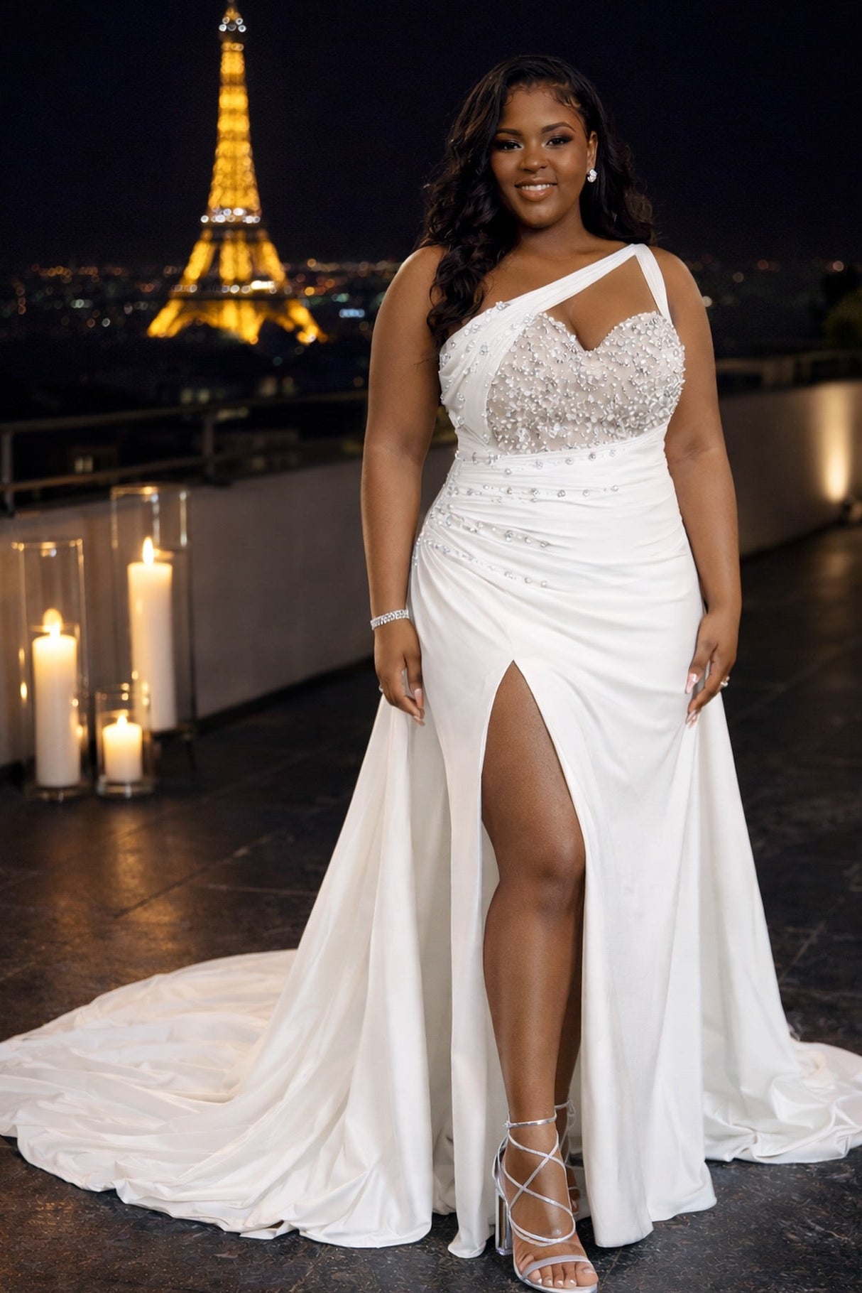 White Plus Size Mermaid Prom Dress One Shoulder Cutout Sheer Beaded Floral Pearl Crystal Bodice Ruched Stretch Satin Skirt High Front Split Chapel Train Gown