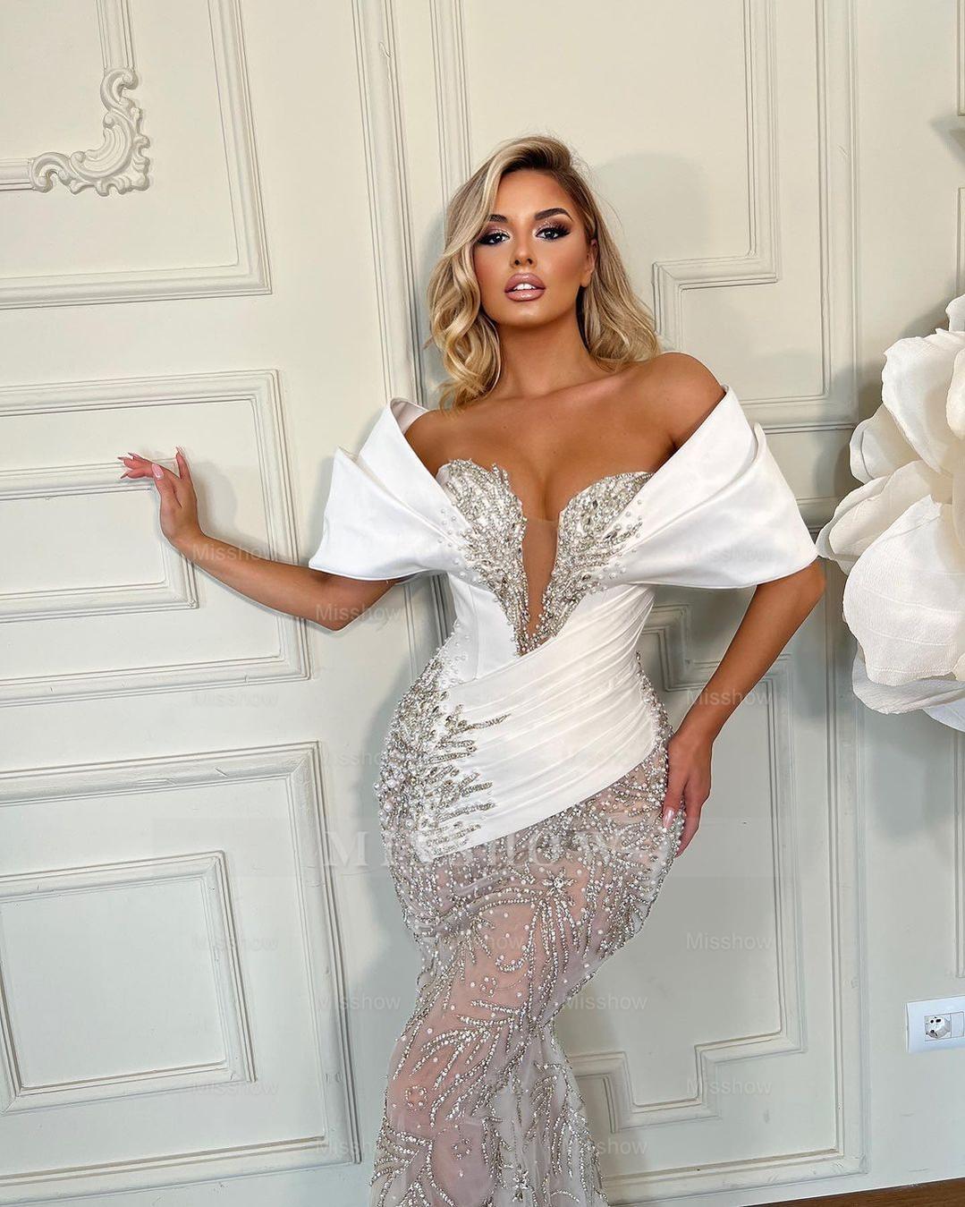White Rhinestone Off-the-Shoulder Half Sleeve Beaded Mermaid Satin Formal Evening Gown