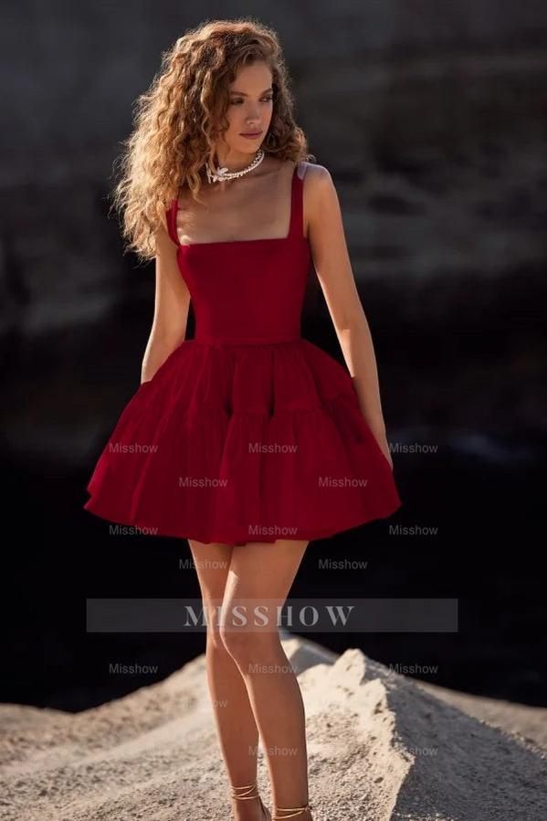White Rhinestone Square Sleeveless Fit and Flare Organza Tiered Mini Formal Evening Dress