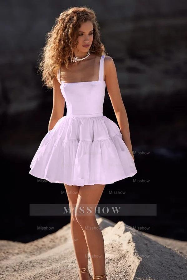 White Rhinestone Square Sleeveless Fit and Flare Organza Tiered Mini Formal Evening Dress