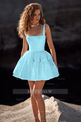 White Rhinestone Square Sleeveless Fit and Flare Organza Tiered Mini Formal Evening Dress