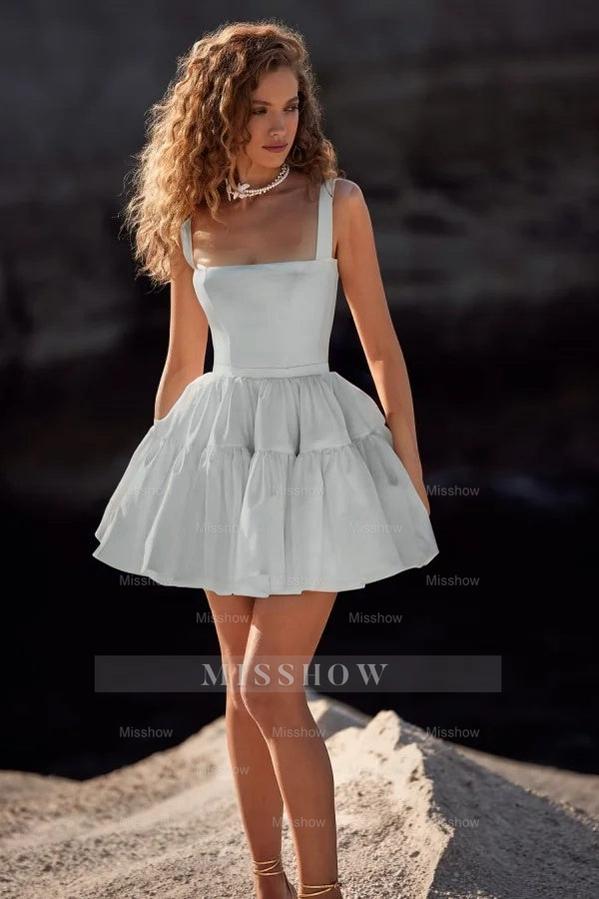 White Rhinestone Square Sleeveless Fit and Flare Organza Tiered Mini Formal Evening Dress