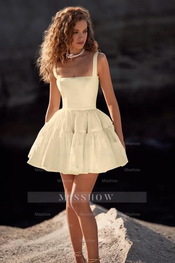 White Rhinestone Square Sleeveless Fit and Flare Organza Tiered Mini Formal Evening Dress