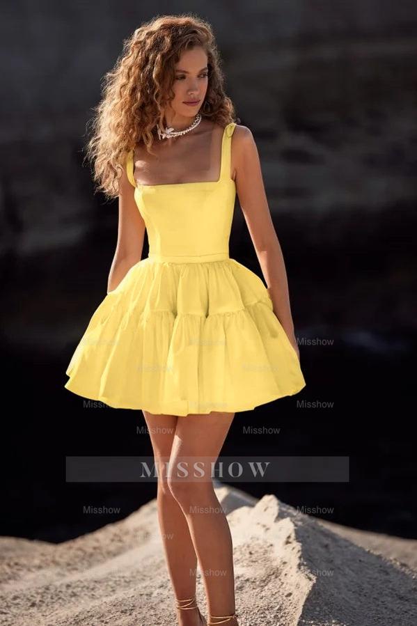 White Rhinestone Square Sleeveless Fit and Flare Organza Tiered Mini Formal Evening Dress
