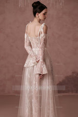 White Rhinestone Sweetheart Long Sleeve Lace A-Line Pearl Beaded Tea Length Formal Dress