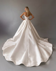 White Satin Ball Gown Wedding Dress Strapless Sleeveless Corset Bodice Cathedral Train Bridal Gown