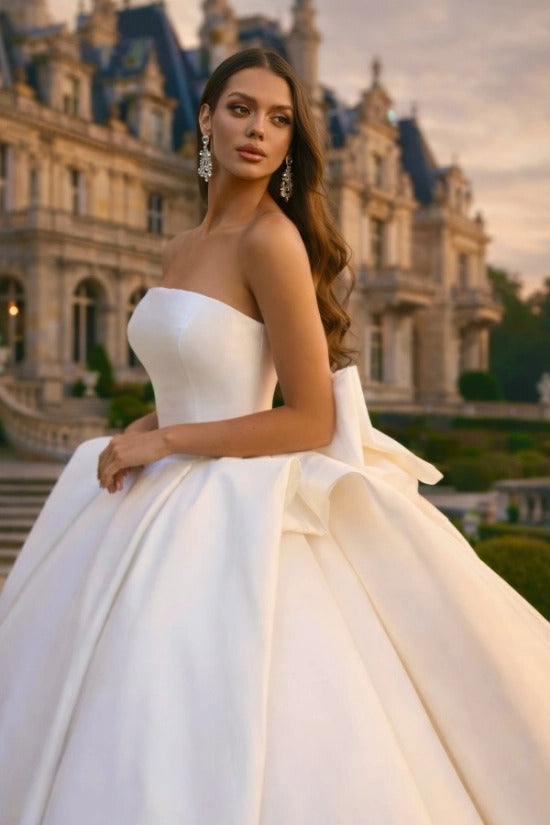White Satin Ball Gown Wedding Dress Strapless Straight Neckline Oversized Bow Back Princess Bridal Gown with Cathedral Train