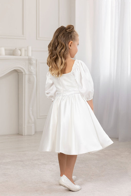 White Satin Flower Girl Dress Square Neck Puff Sleeves Pearl Chain A-Line Tea Length