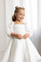 White Satin Flower Girl Dress Square Neck Puff Sleeves Pearl Chain A-Line Tea Length