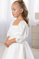 White Satin Flower Girl Dress Square Neck Puff Sleeves Pearl Chain A-Line Tea Length