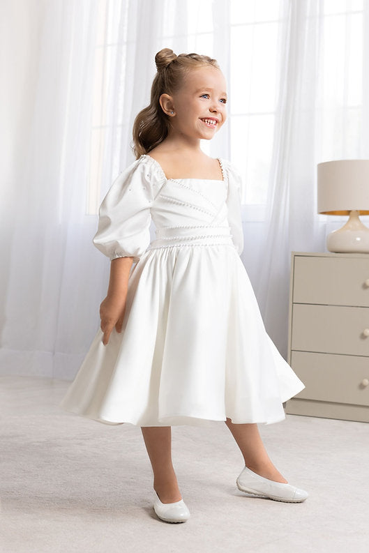 White Satin Flower Girl Dress Square Neck Puff Sleeves Pearl Chain A-Line Tea Length