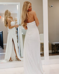White Satin Mermaid Prom Dress Strapless Deep V Corset Bodice High Slit Formal Evening Gown
