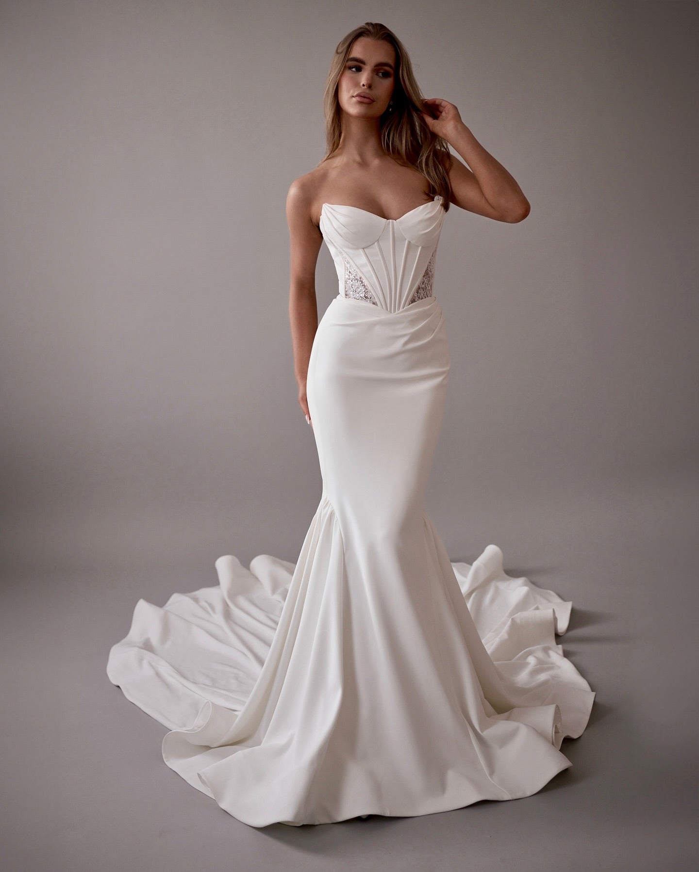 White Satin Mermaid Wedding Dress Sweetheart Sleeveless Corset Bodice Open Back Cathedral Train Bridal Gown