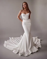White Satin Mermaid Wedding Dress Sweetheart Sleeveless Corset Bodice Open Back Cathedral Train Bridal Gown