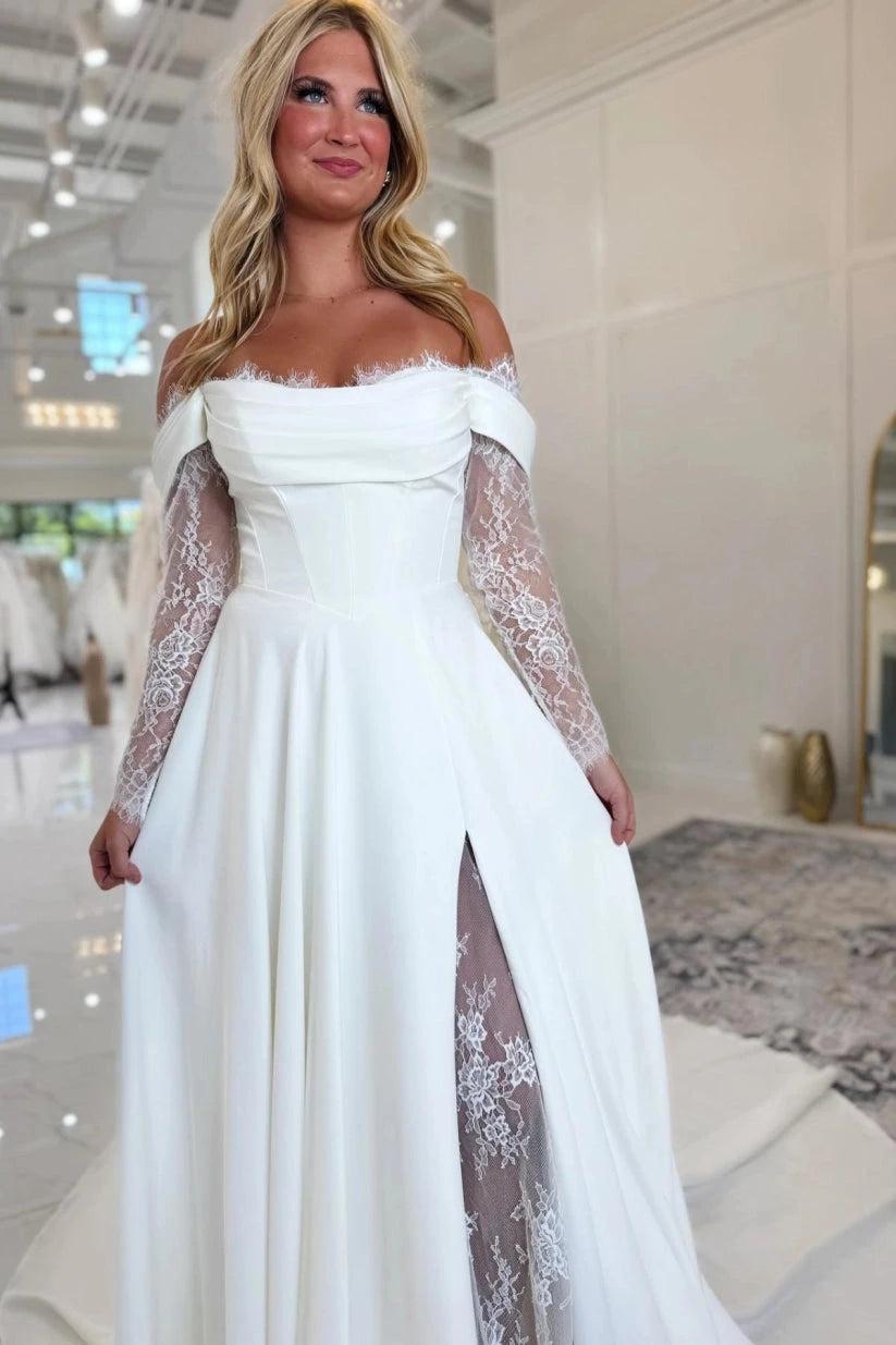 White Satin Off Shoulder Wedding Dress A-Line Illusion Lace Long Sleeves High Slit Pearl Button Back Chapel Train Bridal Gown