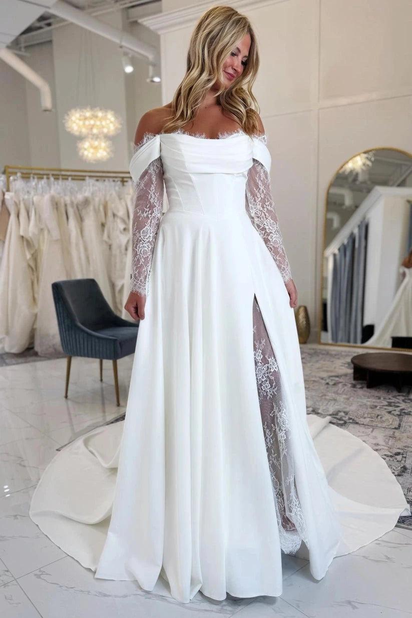 White Satin Off Shoulder Wedding Dress A-Line Illusion Lace Long Sleeves High Slit Pearl Button Back Chapel Train Bridal Gown