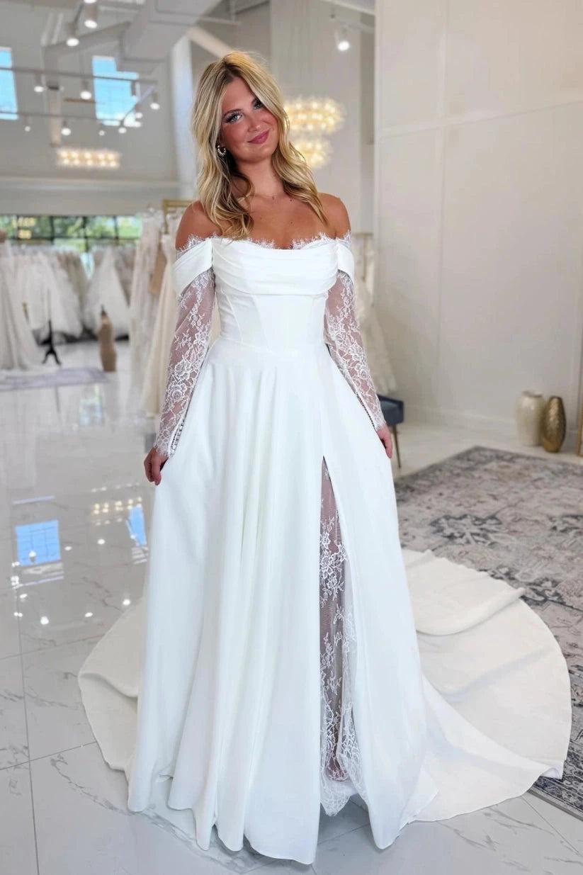 White Satin Off Shoulder Wedding Dress A-Line Illusion Lace Long Sleeves High Slit Pearl Button Back Chapel Train Bridal Gown