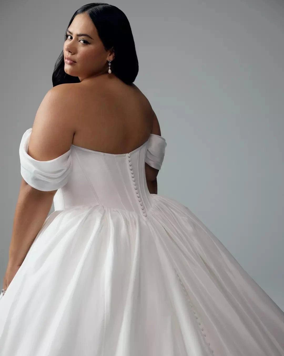 White Satin Off-the-shoulder Ball Gown Wedding Dress Sweetheart Sleeveless Button Back Chapel Train Plus Size Bridal Gown with Pockets