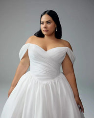 White Satin Off-the-shoulder Ball Gown Wedding Dress Sweetheart Sleeveless Button Back Chapel Train Plus Size Bridal Gown with Pockets