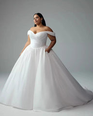 White Satin Off-the-shoulder Ball Gown Wedding Dress Sweetheart Sleeveless Button Back Chapel Train Plus Size Bridal Gown with Pockets