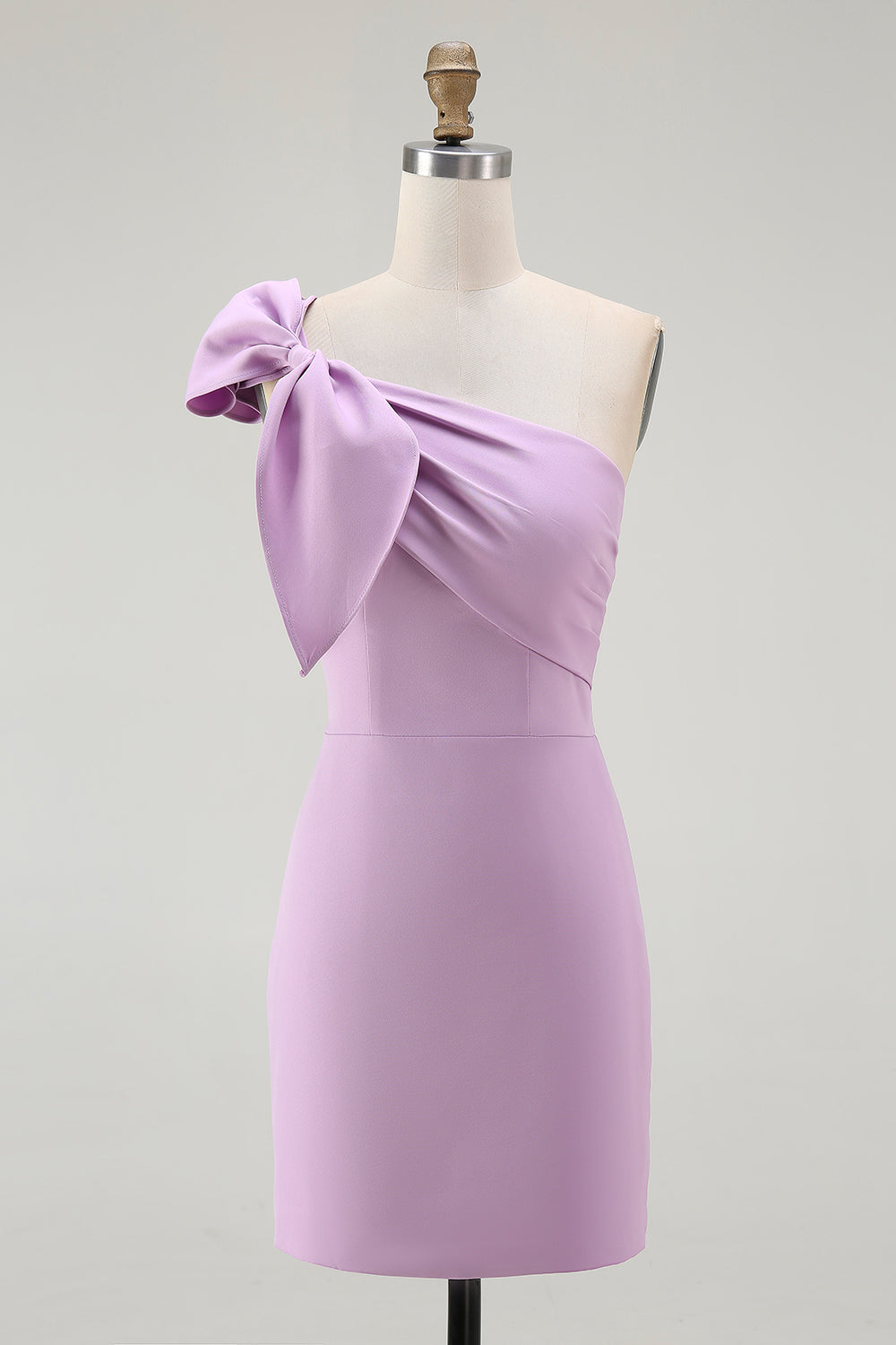 White Satin One Shoulder Ruched Short Tight Graduation Dress with Bow