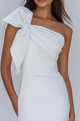 White Satin One Shoulder Ruched Short Tight Graduation Dress with Bow
