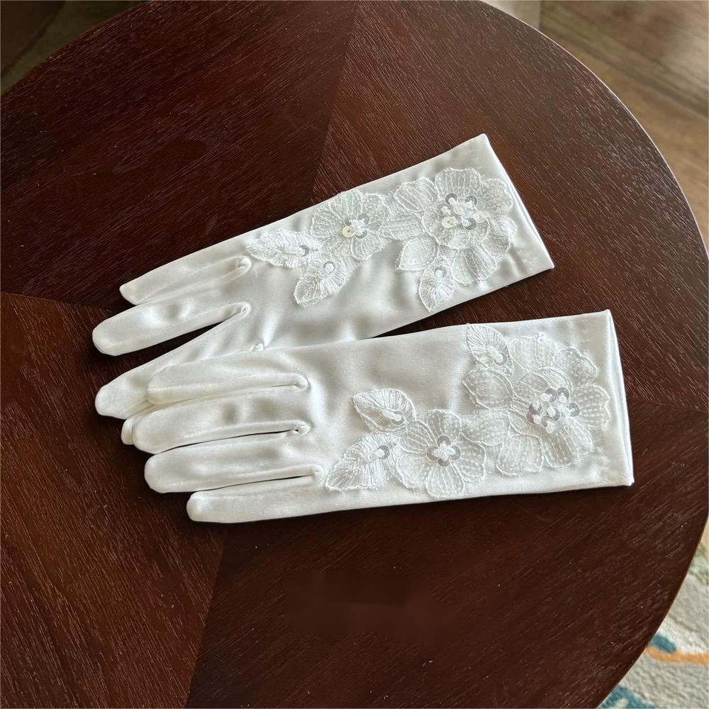 White Satin Wedding Gloves with Lace