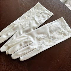 White Satin Wedding Gloves with Lace